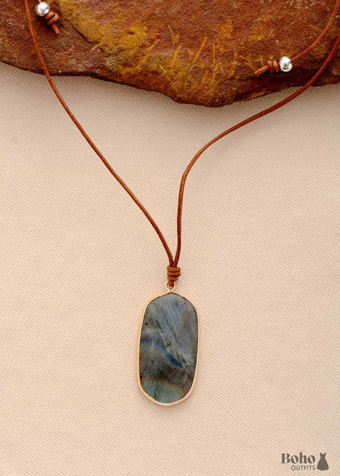 Boho Necklace, Labradorite, Green Natural Stone, Pendant